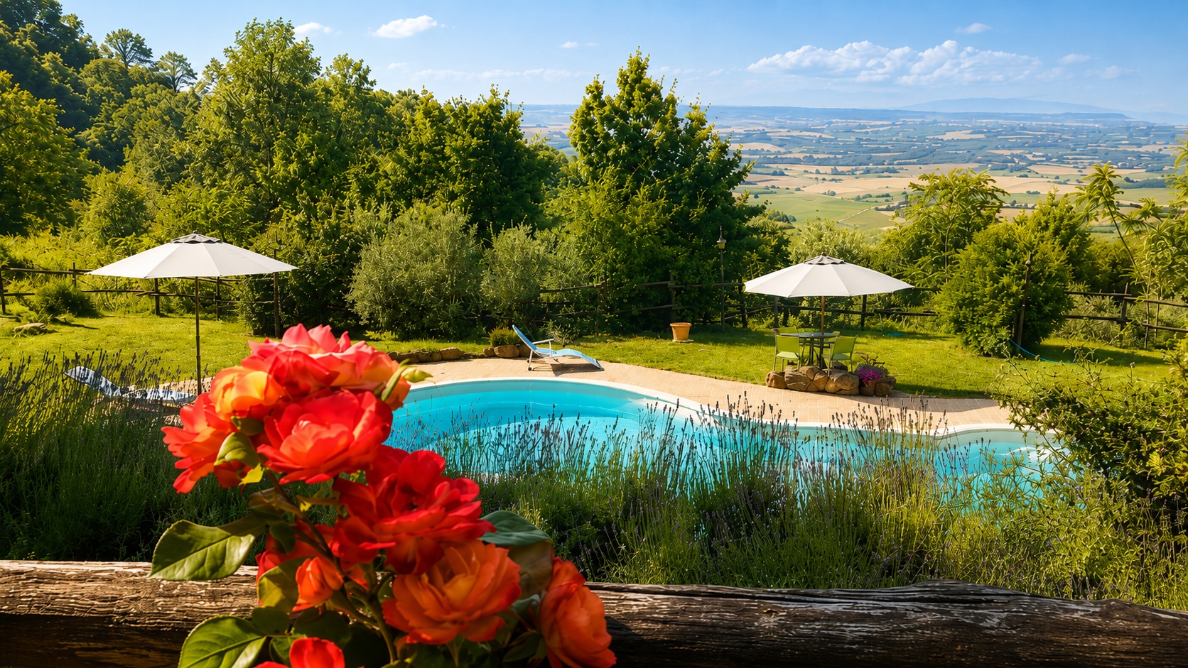 Piscina panoramica dell’agriturismo Il Pausillo con entrambi gli ombrelloni aperti